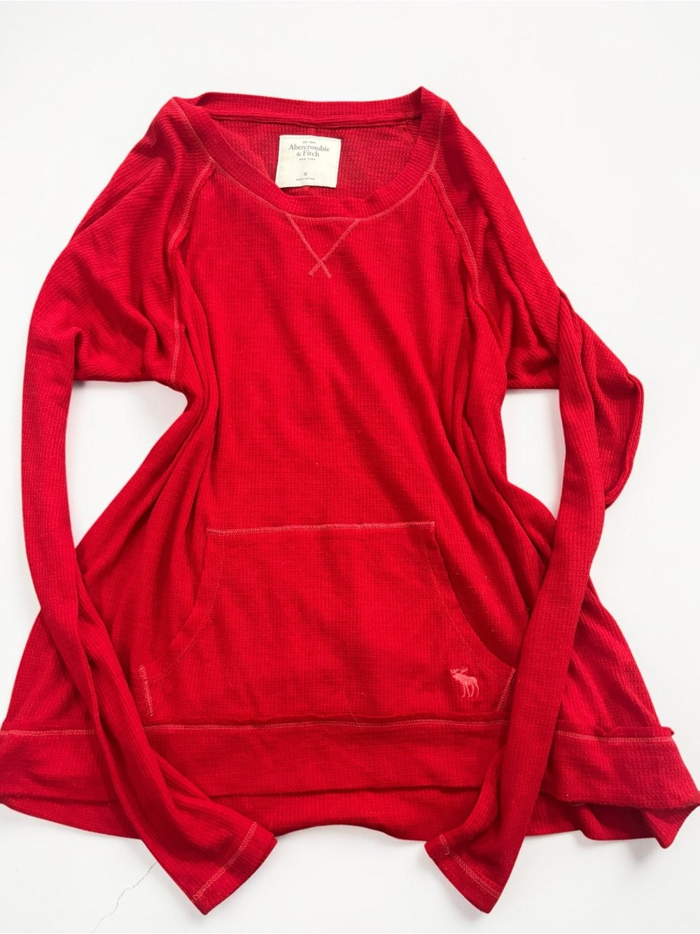 Abercrombie & Fitch Red Waffle Thermal Kangaroo Pocket Y2K Top M
